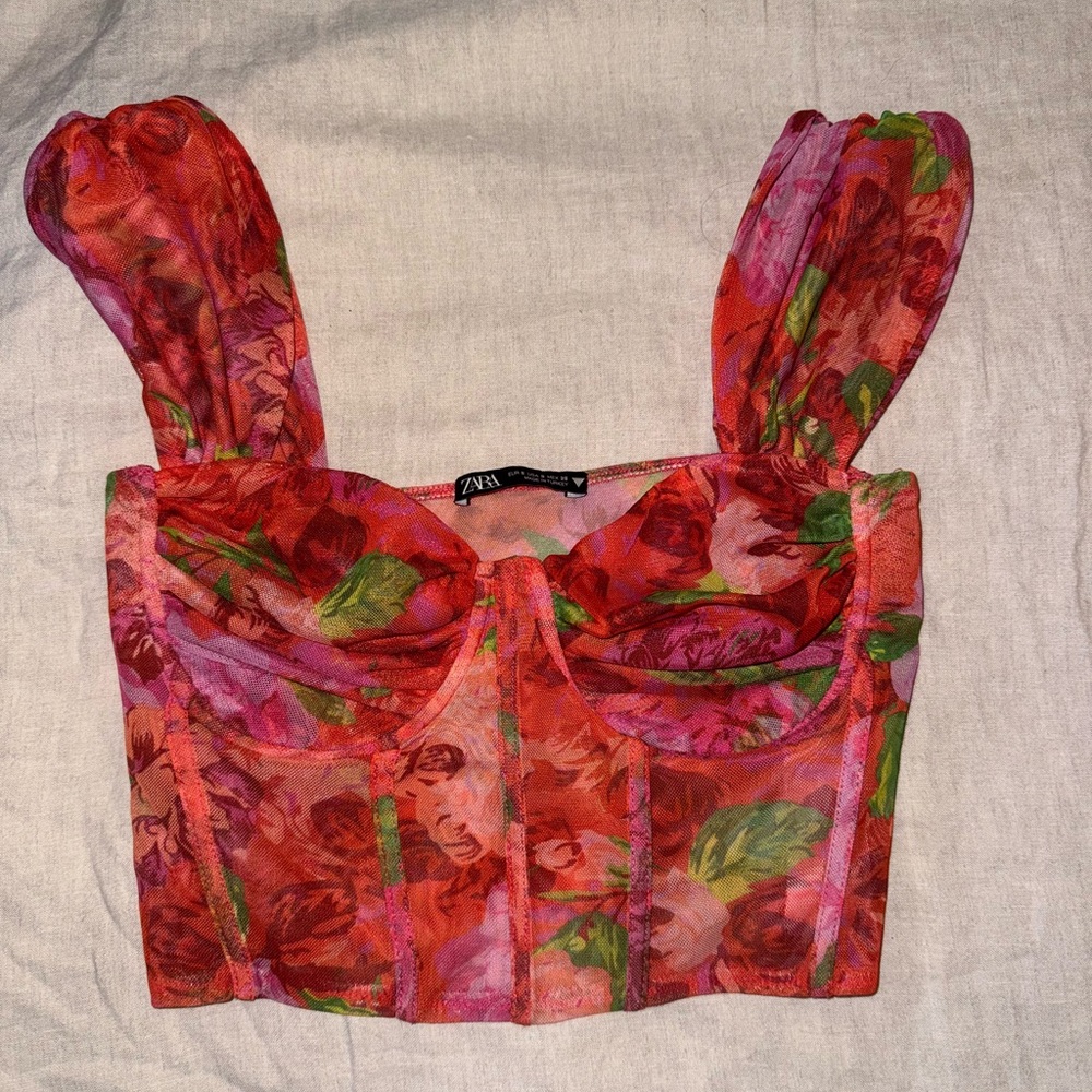 Zara Red and Pink Floral Crop Top